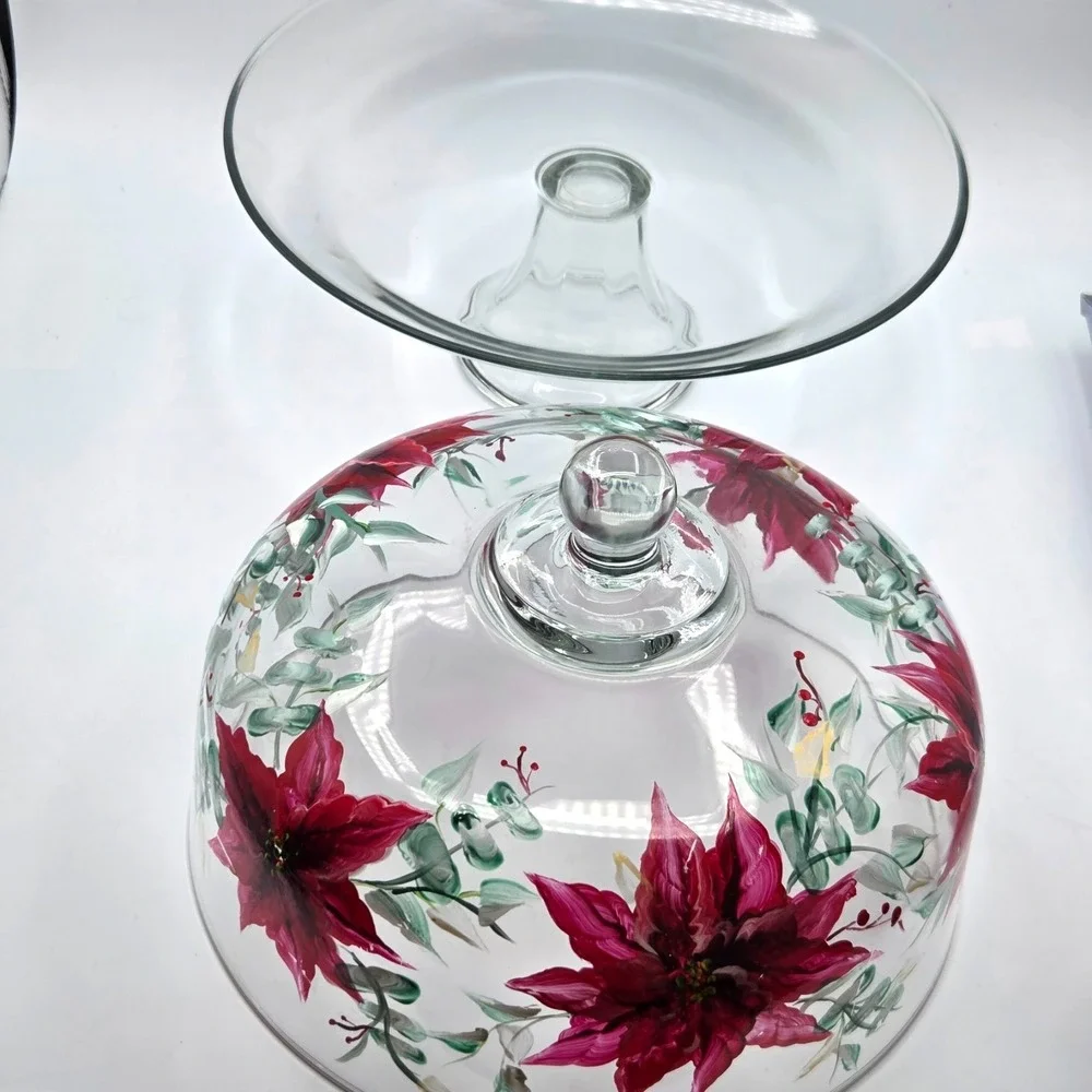Pedestal Cake Stand with Hand Painted Poinsettias on Domed Lid  One of a Kind‎